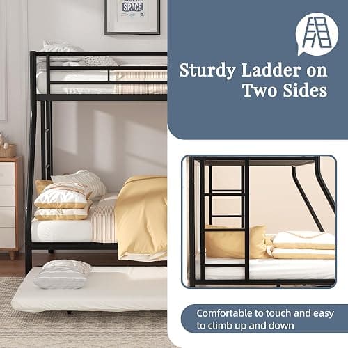 Shintenchi Twin Over Full Size Bunk Bed with Trundle, Heavy-Duty Metal Frame, 2 Ladders & Full-Length Guardrail, Space-Saving Sleep Solution for Kids/Teens/Adults, Black thumbnail 4