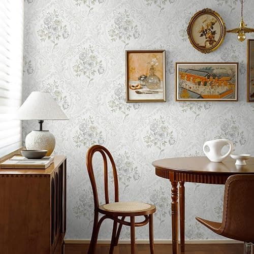 Ismoon Floral Peel and Stick Wallpaper Vintage White and Grey Contact Paper Boho Watercolor Damask Wallpaper Textured Removable Self Adhesive Vinyl Wall Paper for Bedroom, 17.3 in X 6.5 ft thumbnail 5