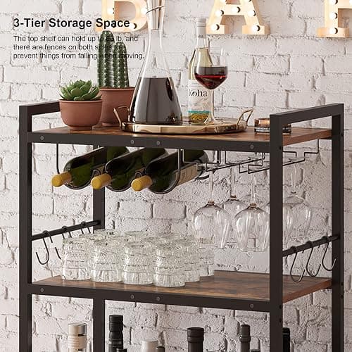 TUTOTAK Bar Cart, Serving Cart for Home, Microwave Cart, Drink Cart, Mobile Kitchen Shelf with Wine Rack and Glass Holder, Rolling Beverage Cart BC01BB030 thumbnail 6