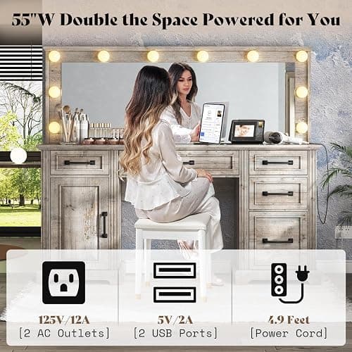 AMERLIFE 55" W Makeup Vanity with Hollywood Mirror, Glass Top Vanity with 5 Drawers & Charging Station, 10 Detachable Light Bulbs, Adjustable Brightness, Light Oak thumbnail 3