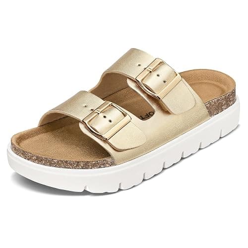 mysoft Women's Comfortable Arch Support Footbed Cork Wedge Sandals - Slip-On Platform Summer Slides with Adjustable Buckle - Image 1
