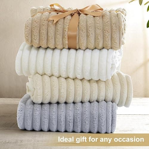 decorUhome Christmas Soft Fleece Cream White Throw Blanket for Couch, Cozy Fluffy Plush Flannel Striped Blanket for Sofa Bed, Lightweight Decorative Ribbed Fuzzy Blanket for Woman, 50x60 Inches thumbnail 6