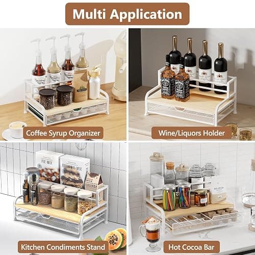 PONEYA Coffee Syrup Rack Organizer, 3-Tier 8 Bottles Syrup Rack with 35 K Cup Storage Basket for Coffee Bar, Countertop Bottle Holder Stand for Wine, Dressing for Kitchen Cafe Station- White thumbnail 7