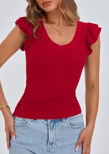 PRETTYGARDEN Womens V Neck Summer Tops Ruffle Sleeveless Slim Fit T Shirts Going Out Casual Blouses 2025 thumbnail 8