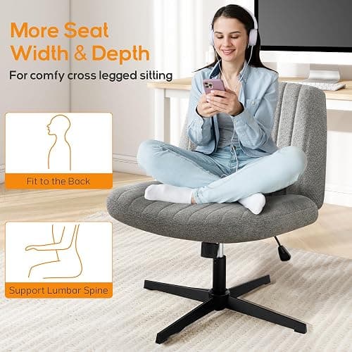 DUMOS Criss Cross Chair Legged Office Wide Comfy Desk Seat, No Wheels Armless Computer Task Seating, Swivel Vanity Home Height Adjustable thumbnail 3
