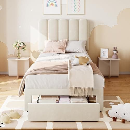 IDEALHOUSE Twin Bed Frame with Storage Drawer and Headboard, Velvet Upholstered Twin Platform Bed Frame for Girls, Strong Wooden Slats Support, Noise-Free, Easy Assembly (Beige) thumbnail 3
