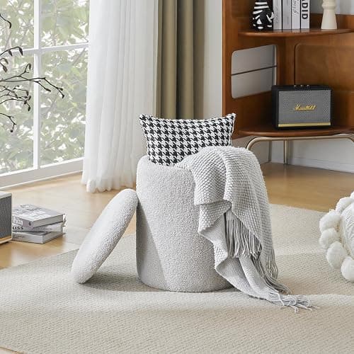 YFO Round Ottoman with Removable Lid Upholstered, Multifunctional Vanity Chairs for Makeup, Soft Footrest Stool Ottoman Foot Stool for Living Room, Bedroom, Boucle, Grey - Grey thumbnail 3