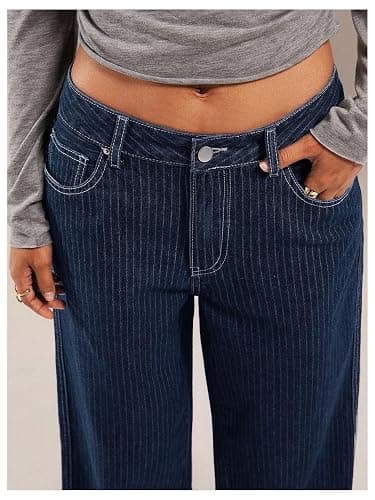 OYOANGLE Women's Striped Wide Leg Jeans Casual Pinstripe Denim Baggy Low-Rise 90s Trendy Pants with Pocket thumbnail 4