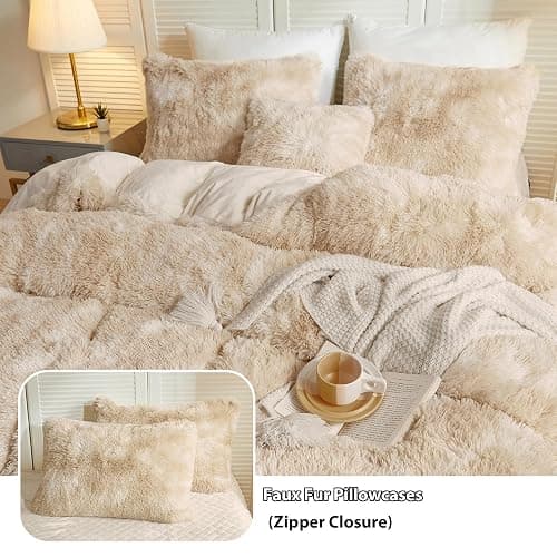LIFEREVO Luxury Fluffy Faux Fur Duvet Cover Set, Tie Dye Plush Fuzzy Duvet Cover Set(1 Print Shaggy Comforter Cover+2 Furry Pillow Shams) Bedding Set, Zipper Closure(Queen, Light Beige) thumbnail 3