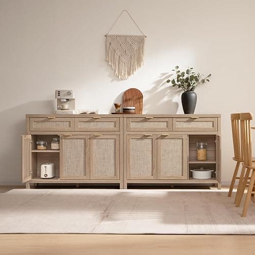 SICOTAS Rattan Sideboard Buffet Cabinet with Storage, Boho Credenza Accent Cabinet with 3 Doors and 2 Drawers, Farmhouse Console Coffee Bar for Kitchen, Living Room, and Entryway, Light Oak - Reclaimed Light Oak - 1 Piece thumbnail 6