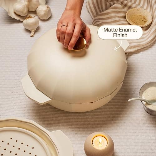 Cravings by Chrissy Teigen The Perfect Pan 5.3 Qt Dutch Oven Pot with Lid, Nonstick Lightweight Aluminum Everyday Pot with Steamer/Strainer Insert, Oven & Stovetop Safe (White) thumbnail 2