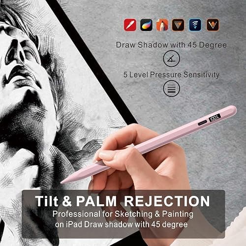 Stylus Pen for iPad 2025-2018 with LED Power Display, 15Mins Fast Charge,Tilt Sensitivity Pencil for iPad 10/9/8/7/6th,11th A16,Air 11/13 M2/M3,Pro 11/13 M4,Pro 12.9",Air 5/4/3,Mini 7/6/5 (Pink) thumbnail 9