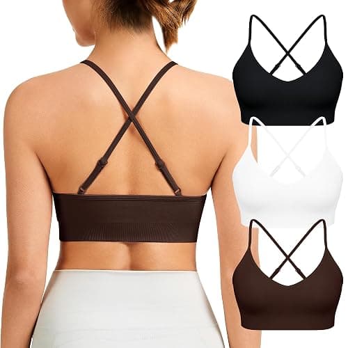 VEQKING Adjustable Sports Bras for Women, V Neck Cross Back Strappy Spaghetti Straps Padded Yoga Bra, 3 Pack - Image 1