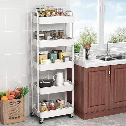 Sywhitta 5-Tier Plastic Rolling Utility Cart with Handle, Multi-Functional Storage Trolley for Office, Living Room, Kitchen, Movable Storage Organizer with Wheels, White thumbnail 2