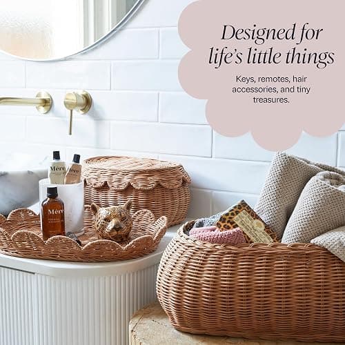 BEBE BASK The Original Scalloped Basket Set Of 2 - Small Scallop Basket - 15 x 10 x 6 In - Hand-Woven & Award-Winning - Elegant Wicker With Scalloped Edge Lid - Nursery Storage - (Mocca) thumbnail 6