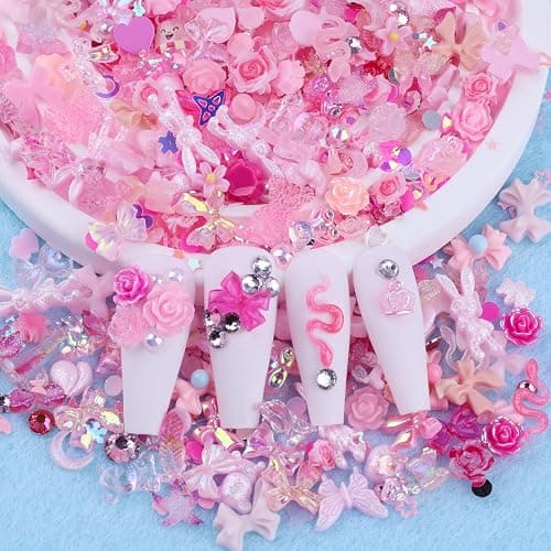 Sinyanail 300pcs Nail Art Charms Kit,Over 100pcs Mixshape Resin Gems and 100 pcs Mixed Flatback Nail Rhinestones Pearls with Over 100pcs Sequins for Women's Manicure Making (Pink) thumbnail 2