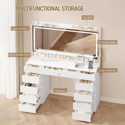 Hzuaneri Dressing Table, Vanity Desk with Power Strip, Vanity Table with Mirror and Lights, Adjustable Brightness, Makeup Desk with 11 Drawers, 3 Storage Compartments for Bedroom White DT43003XUK thumbnail 4