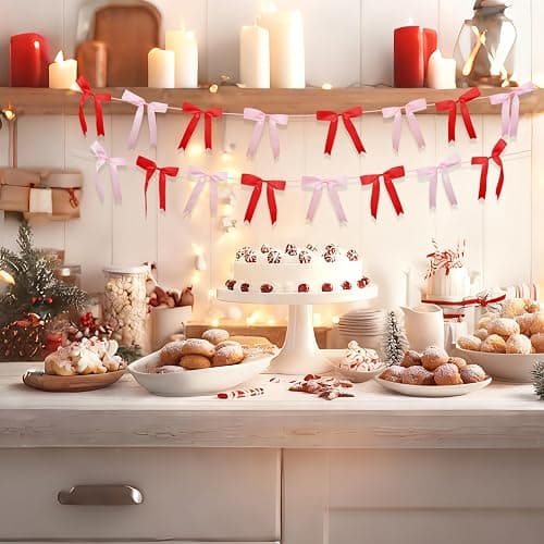 2pcs Pink & Red Bow Garland Banner, Bow Satin Ribbon Decorations for Christmas Valentine Holiday Birthday and Bridal Shower Party Decor (Red & Pink) thumbnail 5