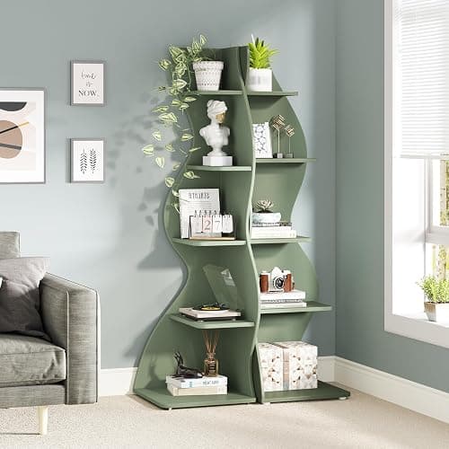 Tribesigns Corner Shelf, Modern 5-Tier Wall Corner Bookshelf, Stylish Corner Small Bookcase Storage Rack Plant Stand with Unique Shape for Living Room, Home Office (Sage Green, 1PC) thumbnail 4