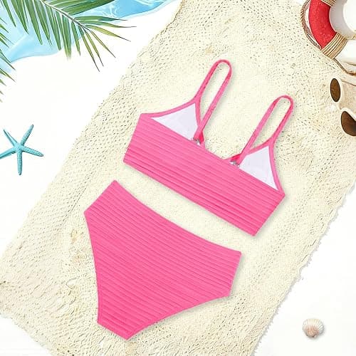 Luckrizyy Girls Swimsuit 2 Piece Bikini Sets V Neck High Waisted Textured Ruched Solid Chest Padded Beach Bathing Suits 7-16Y thumbnail 6