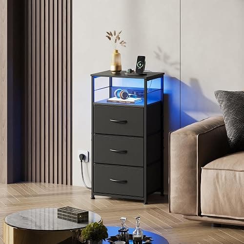 WLIVE LED Nightstand with Charging Station, Black Night Stand with 3 Fabric Drawers and Storage Shelf, Small Dresser for Small Space, 31.9" H Bedside Table with USB Ports and Outlets for Bedroom thumbnail 7