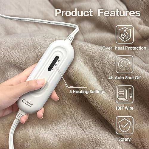Tefici Electric Heated Blanket Throw, Super Cozy Soft 2-Layer Flannel 50" x 60" Heated Throw with 3 Heating Levels & 4 Hours Auto Off, Machine Washable, ETL&FCC Certified, Home Office Use,Camel thumbnail 4