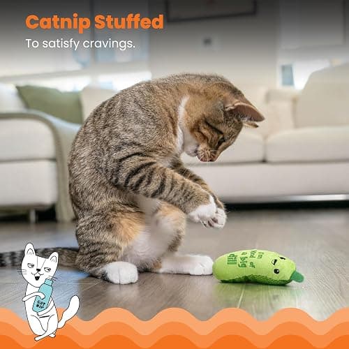 Catstages Crunchy Pickle Kicker Toy with Catnip and Dental Mesh, Pickle Shape, Plush and Crinkle Cat Toy for Kicking, Tossing, and Teeth Cleaning, Green thumbnail 3
