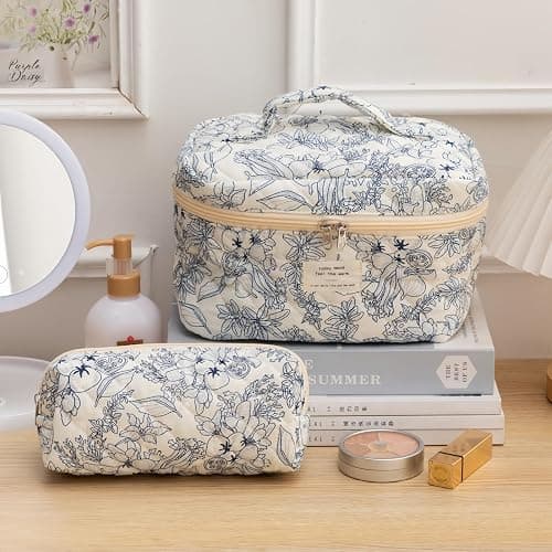 Aucuu Beauty Case, 3 Pieces Floral Large Capacity Makeup Bag, Quilted Toiletry Bag, Soft Cotton Travel Beauty Case, Large Quilted Toiletry Bag Makeup Bag Organizer, #5 Dark Blue Flowers, 3PCS thumbnail 8