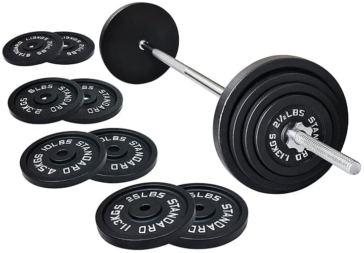 Fitvids Barbell Weight Set, Cast Iron 1" Standard Weight Plates Including 5FT Standard Barbell Bar & Star Locks, 95 Pounds Set (85 Lbs Plates + 10 Lbs Barbell Bar), Multiple Packages - Image 1