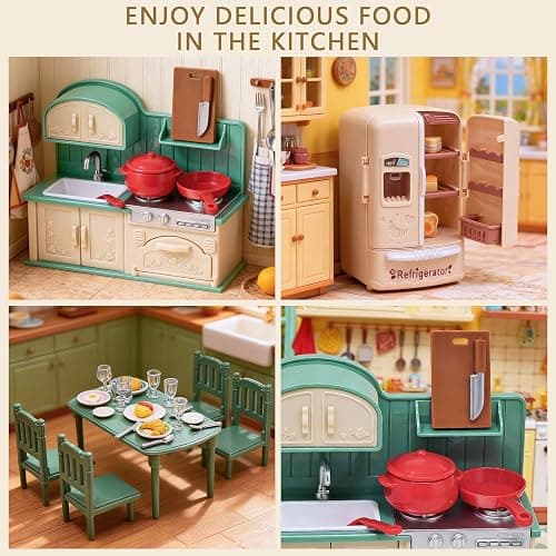 Dollhouse Kitchen Furniture Suitcase Set for Kids, 2 Flexible Dolls/Dining Tble/Kitchenware/Tableware/Refrigerator/Bread, Pretend Play Dollhouse Accessories Christmas Birthday Gift for Girls Ages 3+ thumbnail 4