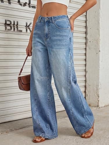 Trendy Queen Women's High Waisted Wide Leg Jeans Barrel Baggy Pants | Plus Size Denim, Loose Stretchy Bootcut Flare, Lightweight Soft Fabric, Fall Fashion Clothing, Daily Outfit thumbnail 3