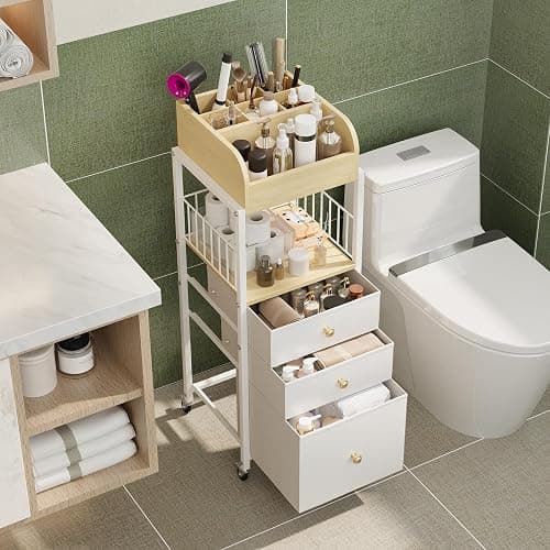 Makeup Organizer Cart with Drawers, Make up Organizers for Vanity, Floor Skincare Organizers- for Cosmetics, Nail Polish, Art Supply, Bathroom Vanity Desktop Organizer (White) thumbnail 2