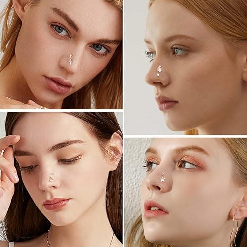 ORAZIO 9 PCS Dangle Nose Rings - L Shaped for Women, 20G Stainless Steel Nose Rings Studs with CZ Cross, Crown, Flower, Heart Dangling Piercing Jewelry - L-Gold Tone thumbnail 4
