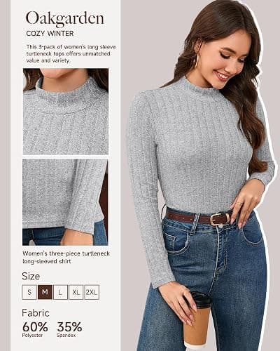 3 Pack Women's Mock Turtleneck Sweaters, Long Sleeve Ribbed Knit Tops, Fit Soft Thermal Underwear, Lightweight Fall Pullover thumbnail 3