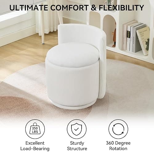 WUTUTUEE Velvet Vanity Chair with Storage, 360° Swivel Makeup Chair with Wave Back, No Assembly Small Accent Stool for Bedroom, Dressing, Living Room, White thumbnail 7