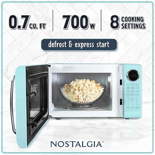 Nostalgia Retro Microwave Oven 0.7 Cu Ft, 700-Watt Countertop Size with Glass Turntable, Child Safety Lock, 8 Auto-Cook Programs, Digital Clock, Aqua - 0.7 Cu. Ft. - Aqua thumbnail 4