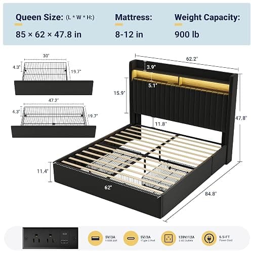 SHA CERLIN Queen Upholstered Platform Bed Frame with 3 Spacious Storage Drawers, Built-in LED Lights & Charging Station, Vertical Tufted Headboard with Shelf, No Box Spring Needed, Velvet Black thumbnail 2