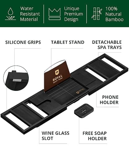 ROYAL CRAFT WOOD Premium Foldable Bathtub Tray Caddy - Wood Bath Tray for Tub, Bamboo Shelf, Expandable Bath Table Trays, Bathtub & Bathroom Accessories for New Home & Mothers, Birthday Gifts for Mom thumbnail 4