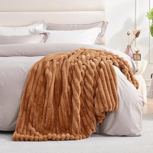 Amélie Home Faux Fur Throw Blanket for Couch, Cozy Fuzzy Fluffy Fur Luxurious Soft Striped Plush Gift Blankets for Family Sofa Chair Bedroom, 55"x70", Orange Brown thumbnail 7