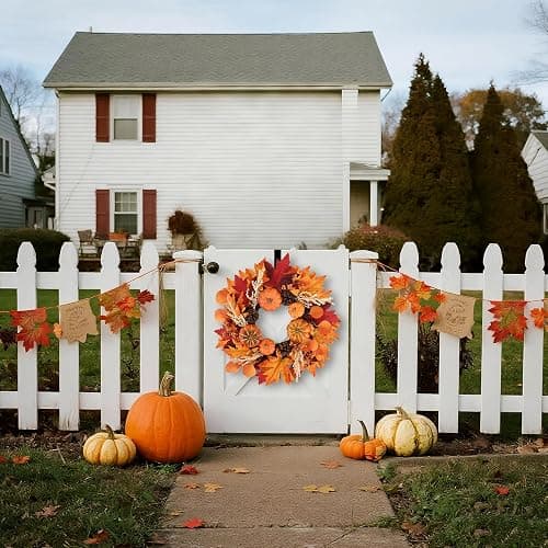 20 Inch Fall Wreaths Decorations Maples Autumn Wreath with Hanger | Leaf Pumpkin Pine Cone Berry For Thanksgiving Harvest Farmhouse Outdoor Indoor Window Wall thumbnail 7