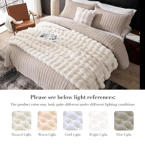 Amélie Home Faux Fur Throw Blanket for Couch, Fuzzy Soft Plush Thick Bubble Blanket for Sofa Bedroom Living Room, 50"x60" Inches, Cream White thumbnail 4