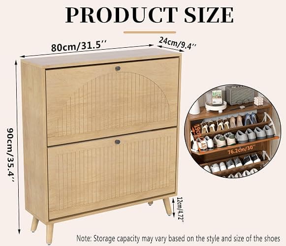 Fsbecl Shoe Storage Cabinet for Entryway with 2 Flip Drawers, Narrow Wood Shoe Cabinet with Fluted Panel, Freestanding Hidden Shoe Organizer for Foyer, Hallway (Wood Color) thumbnail 2