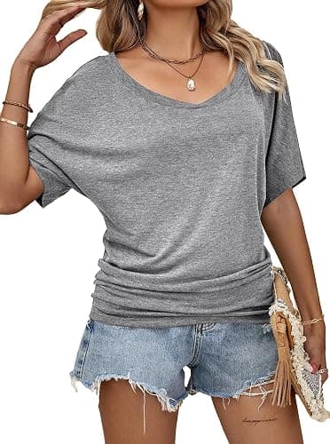 Hilinker Womens Sexy Off The Shoulder Tops Short Batwing Sleeve T Shirt Oversized Casual Tee thumbnail 3