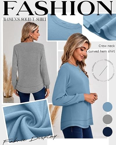 Ficerd 3 Pack Women's Long Sleeve Shirts, Cotton Crew Neck Tunic Tops Casual Loose Fit Pullover Sweatshirts Curved Hem Shirts thumbnail 4