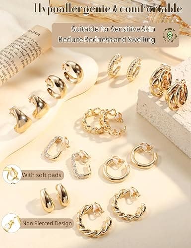 YADOCA 9 Pairs Gold Clip on Earrings for Women 14K Gold Plated Waterdrop Chunky Clip on Hoop Earrings No Piercing Fake Earrings Set thumbnail 8