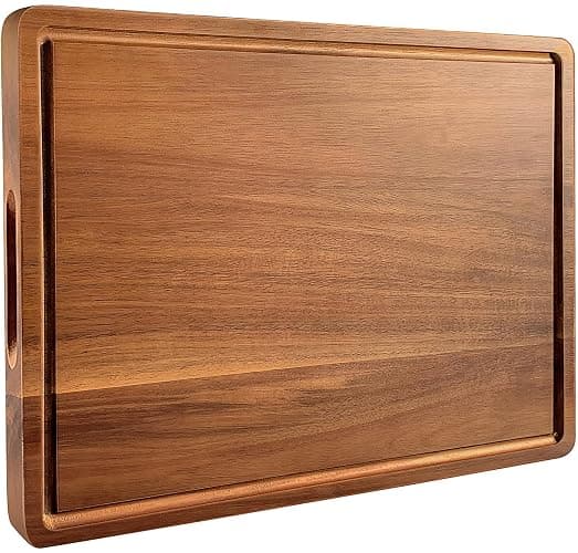 Large Acacia Wood Cutting Board for Kitchen, 17x12 Inch Reversible Wooden Chopping Board Charcuterie Board with Juice Grooves and Handle for Meat, Cheese, Vegetables, Fruits, Bread - Image 1
