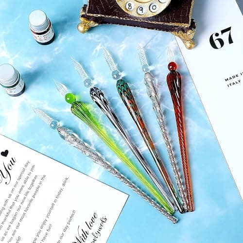 Zonon 6 Pcs Handmade Glass Dip Pen Crystal Glass Signature Pen Calligraphy Glass Pen Dip Ink Pen Borosilicate Present Pen for Writing Drawing Signatures (Vintage Color,Fresh Style) thumbnail 2