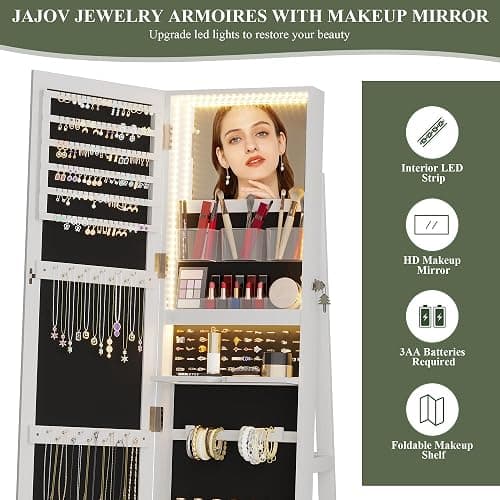 jajov 63" Mirror Jewelry Cabinet with Lights, 360° Swivel Frameless Full-Length Mirror Jewelry Armoire Organizer Standing, Rear Storage Shelves – White thumbnail 5