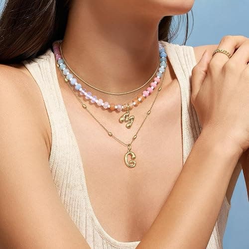 KissYan Initial Necklaces for Women, Colorful Beaded Gemstone Choker 14K Gold Bubble Letter Pendant Necklace Natural Stone Summer Beach Handmade Jewelry Gift thumbnail 3