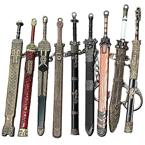 9PCS Mini Sword 4.7" Ancient Sword Keychain Zinc Alloy Key Chain Old Scabbard Decoration Pattern Keychain Uncut Blade Model for Men Women - Image 1